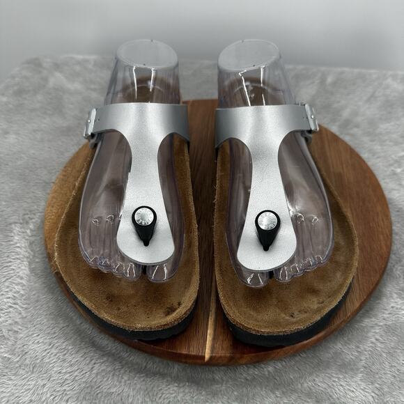 Birkenstock Sandals Womens 39 Gizeh Thong Silver Metallic Buckle Toe Post Flats - Picture 4 of 12